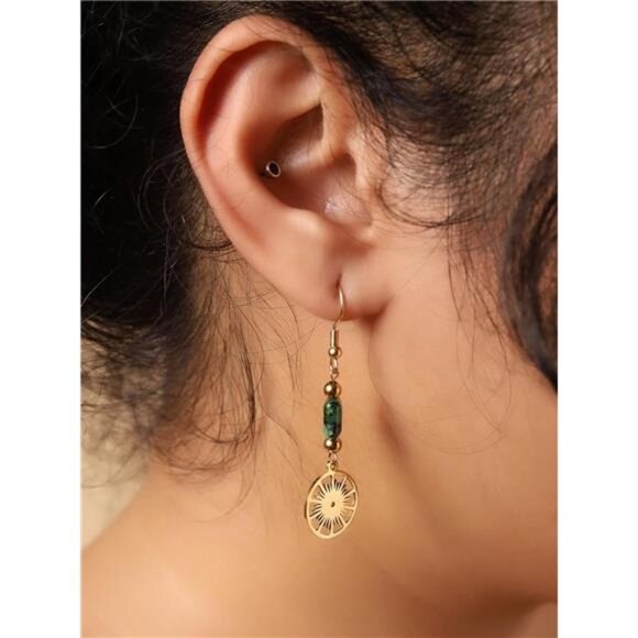 Gold Sunburst Earrings | Green Stone Bead Dangle | Boho Hippie Vintage-Inspired - Picture 3 of 7